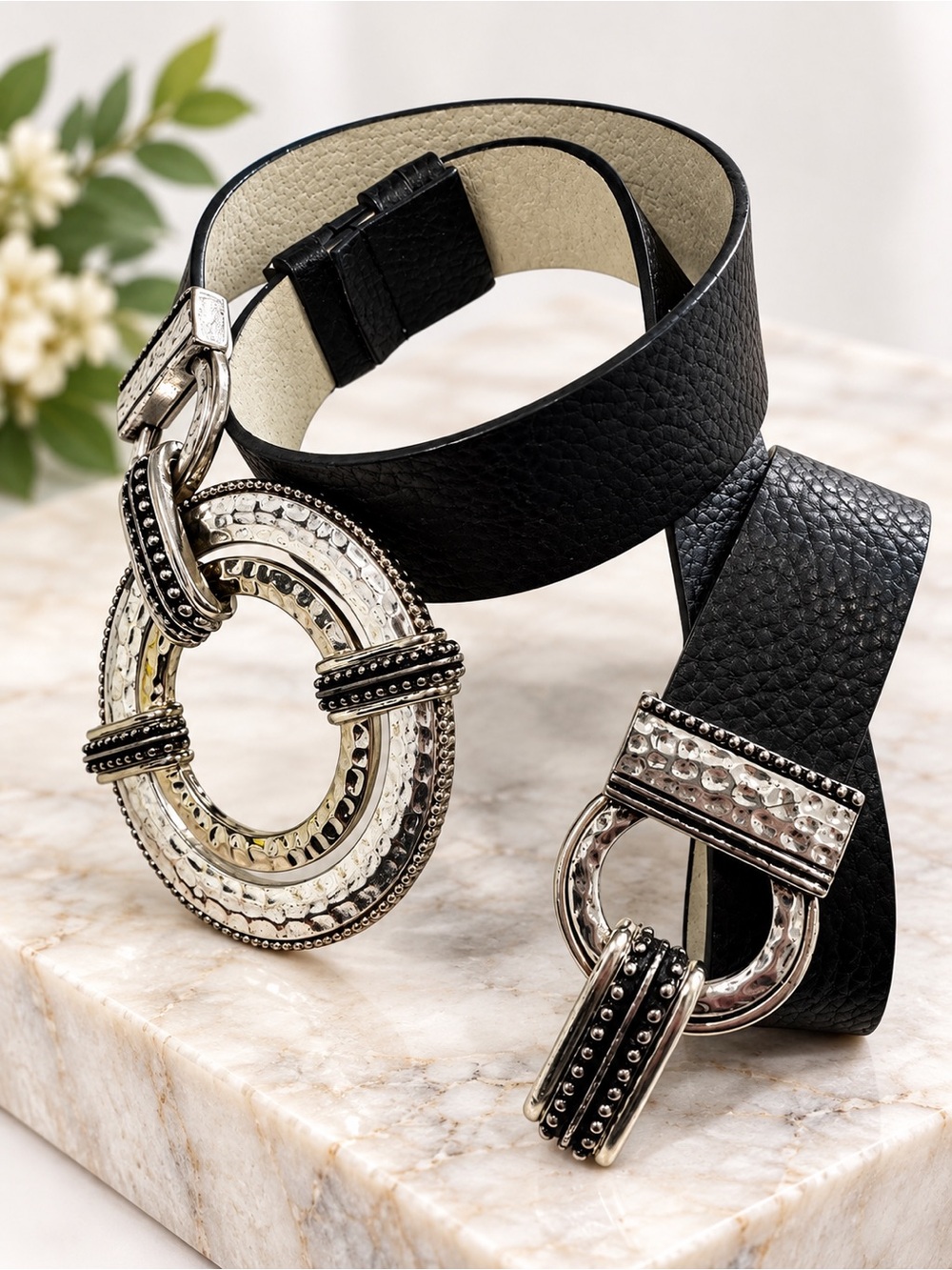 Chico's Black Leather Belt Silver Textured Double O-Ring Buckle S/M